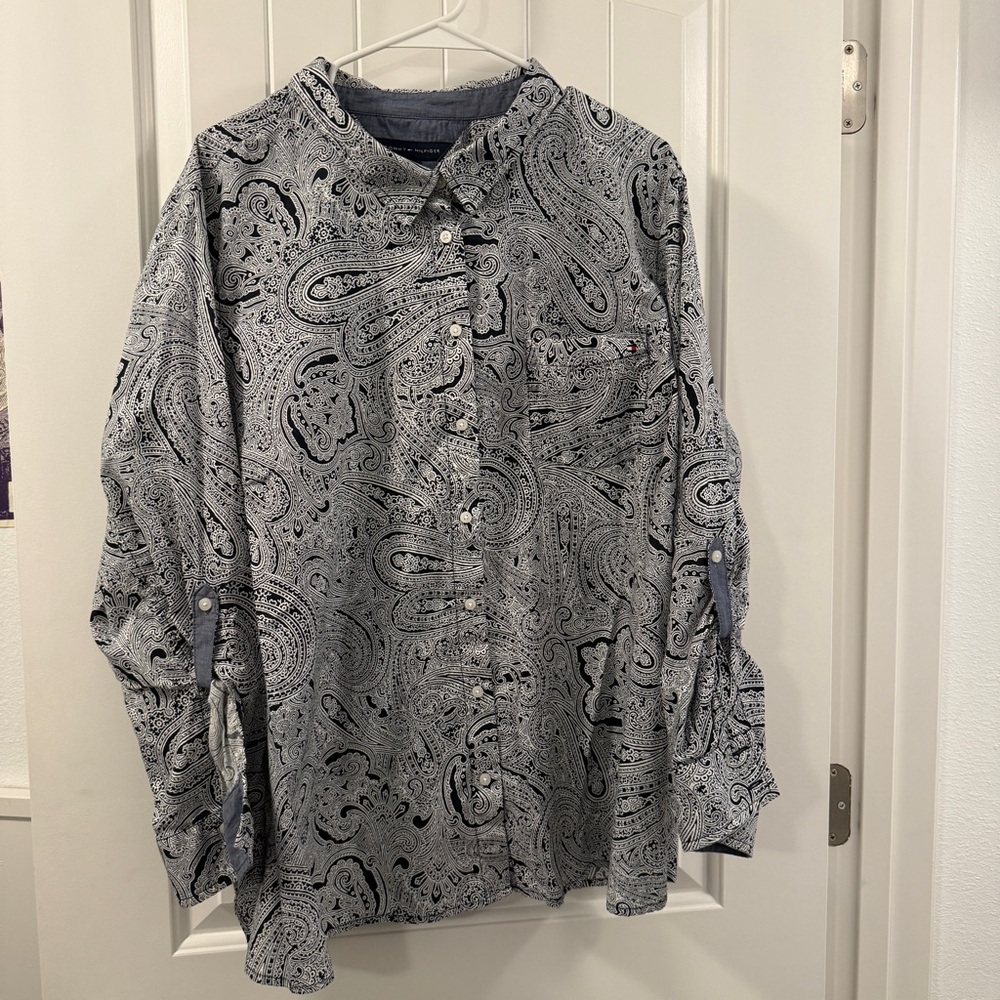 Tommy Hilfiger Navy Paisley Button-Down Shirt Women’s 2X 100% Cotton - Picture 1 of 5